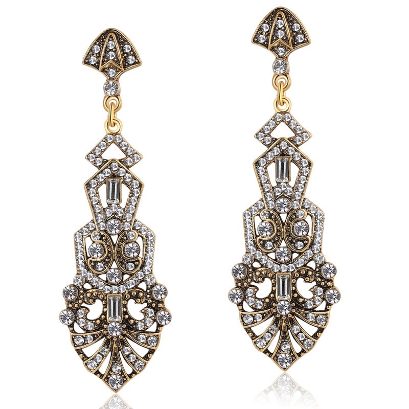 Coucoland 1920s Flapper Earrings Roaring 20s Great Gatsby Rhinestone Earrings (Stly2-Gold) - Image 1